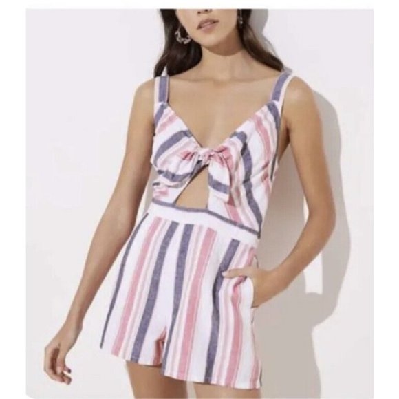 Loft Beach Striped Linen Blend Tie-front Romper Women's Sz XXS - Picture 2 of 7